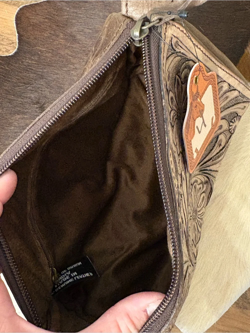 Hand-Tooled Floral Leather Toiletry Bag in Brown